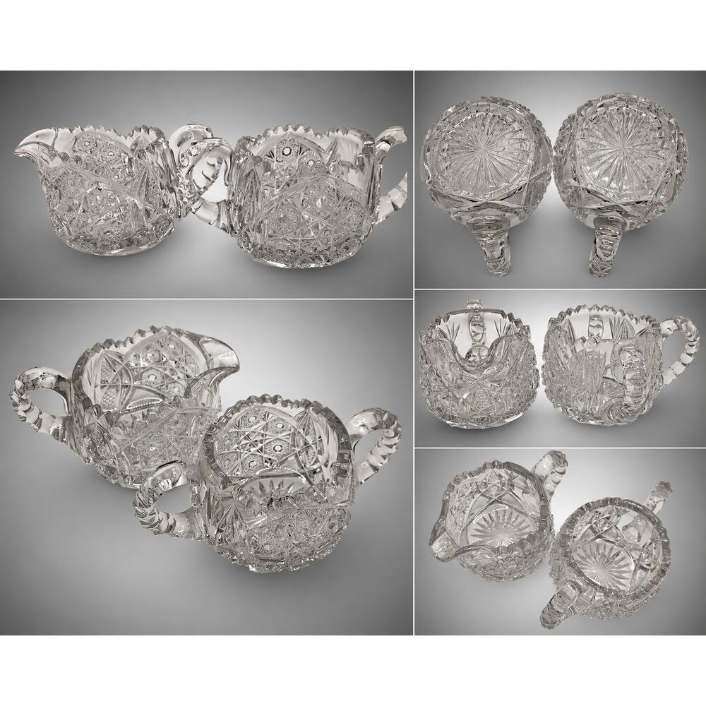 Antique EAPG Clear Pressed Cut Glass Creamer Sugar Bowl Set Sawtooth Rim ABP
